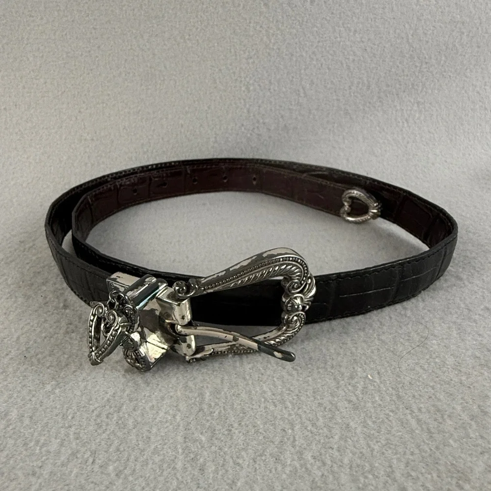Brighton Belt Size 36 Alligator Embossed Brown Leather Skinny Belt‎ Silver Heart